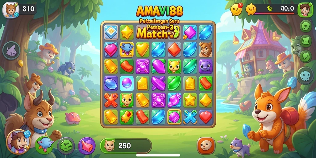 Screenshot permainan AMAVI88 yang menunjukkan aksi Match-3 yang seru.