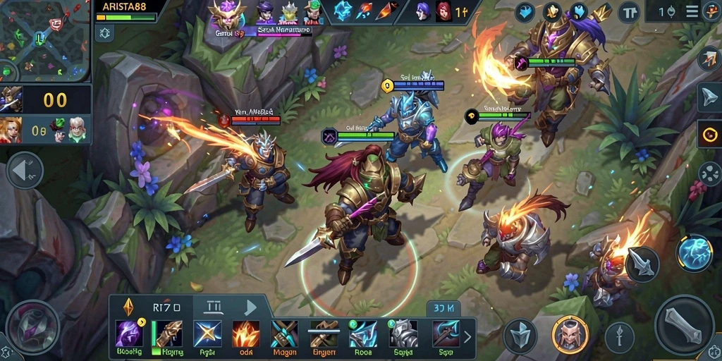 Screenshot gameplay ARISTA88 menampilkan aksi pertempuran seru dalam permainan MOBA.