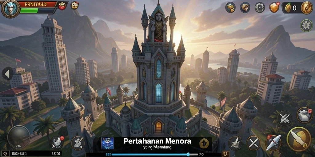 Tampilan gameplay menakjubkan di ERNITA4D saat mempertahankan menara.