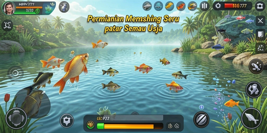 Screenshot utama HP777 menampilkan gameplay seru saat memancing di lautan.