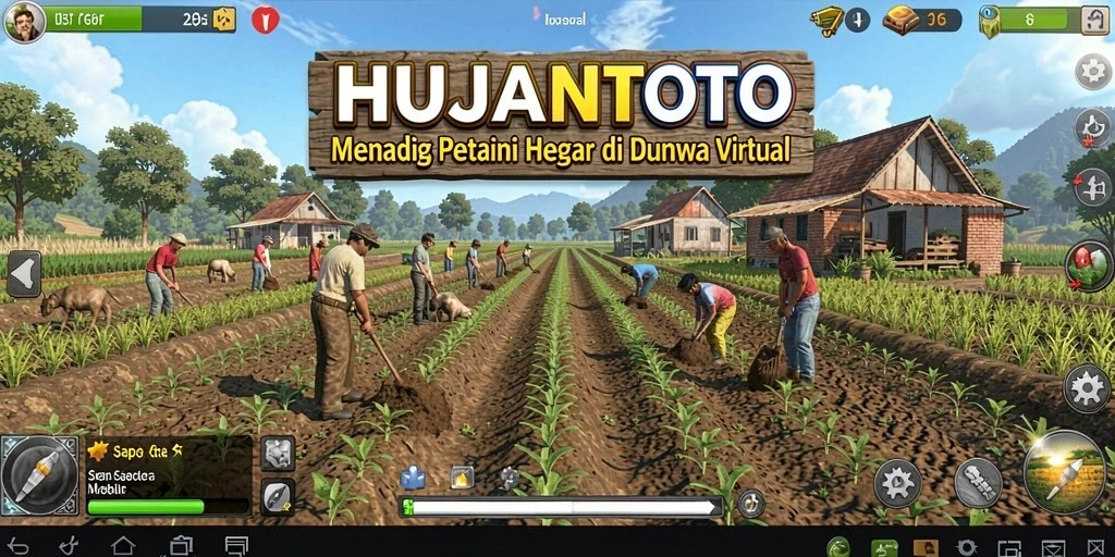 Screenshot gameplay HUJANTOTO menunjukkan ladang subur dan aktivitas bertani.