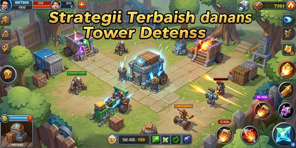 Screenshot utama IBET899 menampilkan aksi menara Tower Defense yang seru.