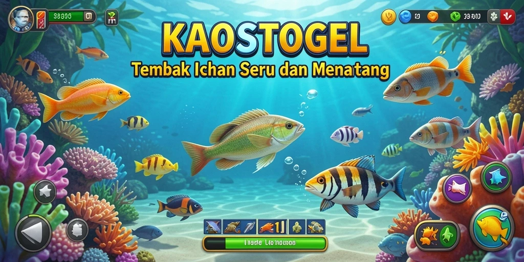 Screenshot KAOSTOGEL menampilkan aksi tembak ikan yang seru di bawah laut.