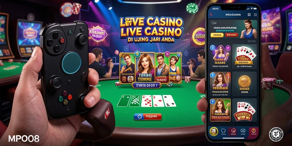 Screenshot MPO08 menunjukkan dealer profesional dan gameplay Live Casino yang dinamis.