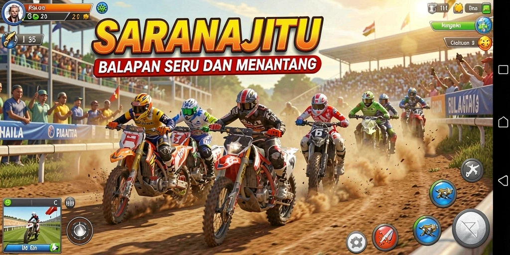 Screenshot utama SARANAJITU menampilkan aksi balapan yang mendebarkan.