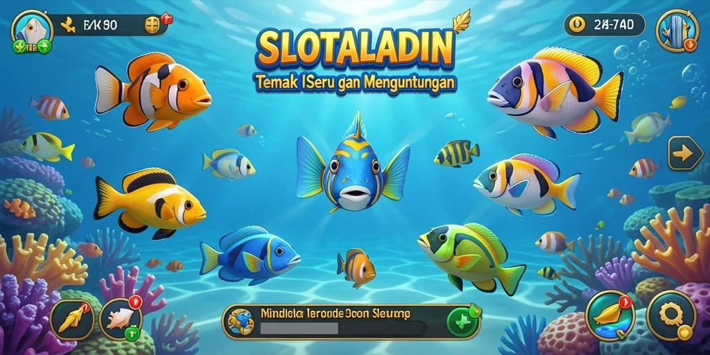 Screenshot gameplay SLOTALADIN dengan aksi menembak ikan yang seru.