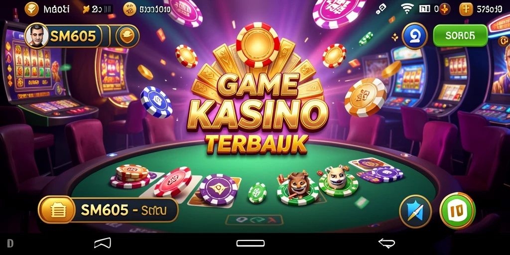 Tampilan gameplay SM605 yang menampilkan mesin slot dan permainan meja.