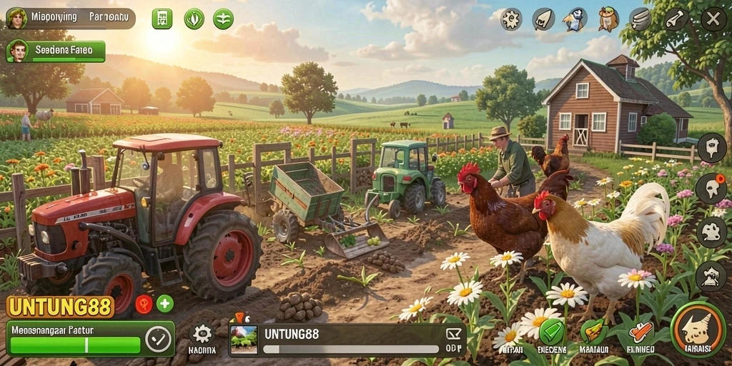 Screenshot menampilkan ladang penuh tanaman hijau dan hewan ternak.