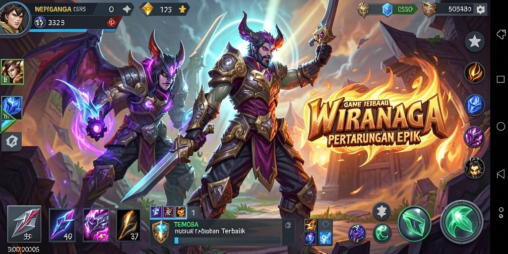 Screenshot utama WIRANAGA menampilkan pertarungan seru dalam arena MOBA.